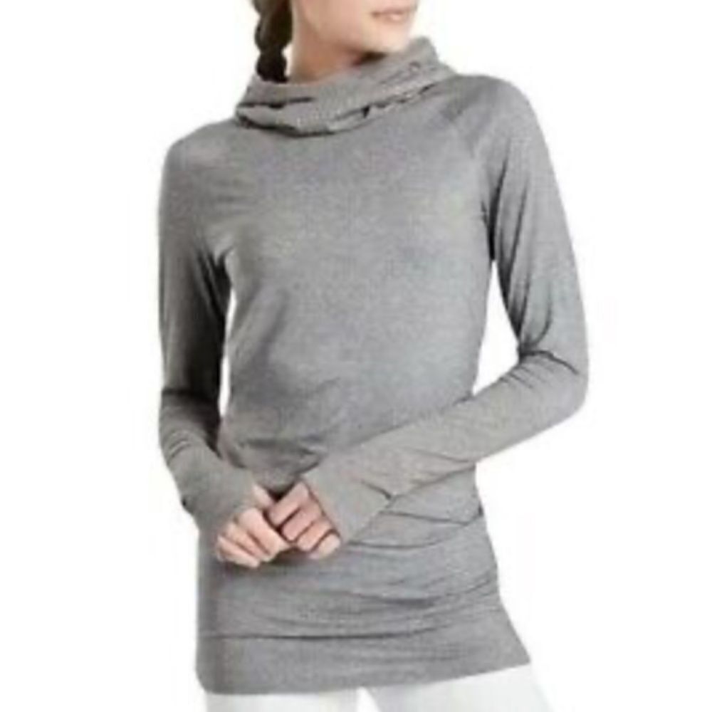 Athleta Essence Cowl-Neck Hooded Yoga Tunic Top In Heather Gray XXS